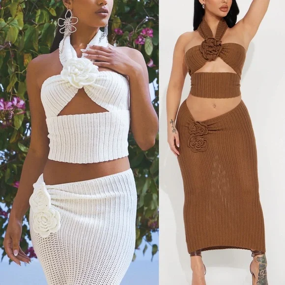 Brown knit / crochet flower appliqués detail matching 2 piece beach set - Picture 1 of 4